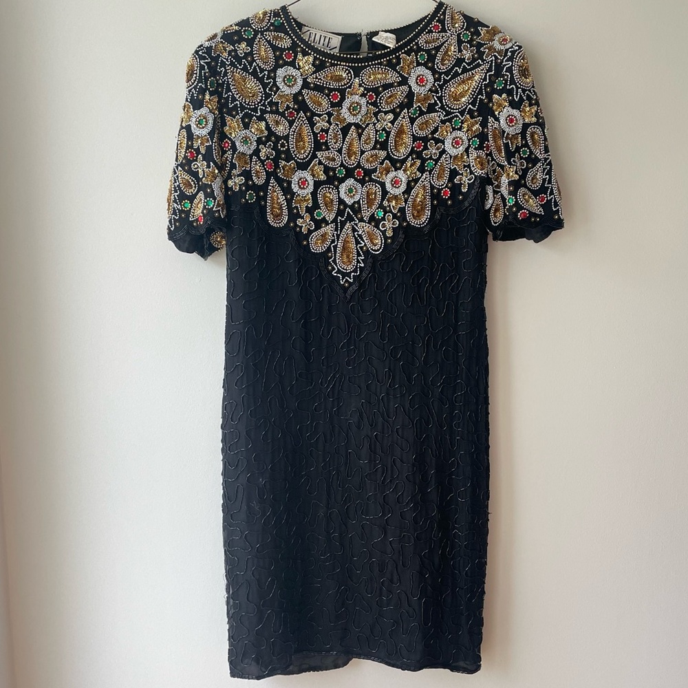 Laurence Kazar Vintage Black Beaded Dress Large